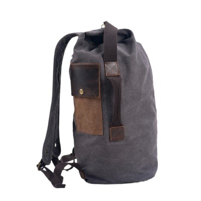 Vintage Canvas Bucket-shaped Rucksack with Crazy Horse Leather Trim, a Spacious Men Outdoor Camping and Travel Rucksack