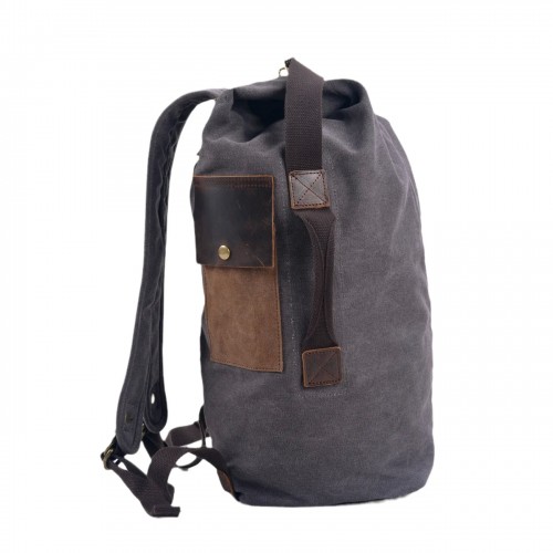 Vintage Canvas Bucket-shaped Rucksack with Crazy Horse Leather Trim, a Spacious Men Outdoor Camping and Travel Rucksack Vintage Canvas Bucket-shaped Rucksack with Crazy Horse Leather Trim, a Spacious Men Outdoor Camping and Travel Rucksack