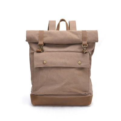 Hot Sale Vintage Roll‑Top Canvas Backpack Crazy Horse Leather Trim Large Capacity Travel Laptop Rucksack for Men Women