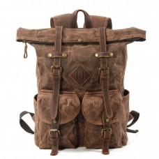 Vintage Waterproof Backpack Waxed Canvas Clash Color Line Patchwork Outdoor Rucksack for Men and Women