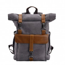 Vintage Canvas Rucksack Casual Men's Bag with Head Layer Cowhide Leather Roll Top Expansion Outdoor Hiking Bag