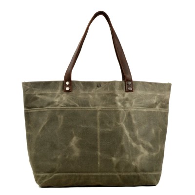 Vintage Waxed Canvas Tote Bag Crazy Horse Leather Handle Large Capacity Multi Pocket Daily Work Shopping Office Shoulder  Bag