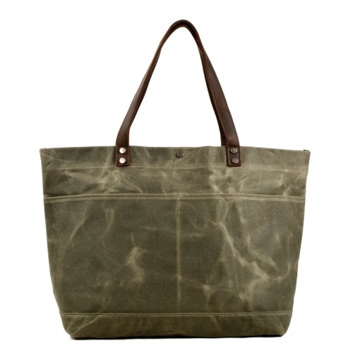 Vintage Waxed Canvas Tote Bag Crazy Horse Leather Handle Large Capacity Multi Pocket Daily Work Shopping Office Shoulder Bag Vintage Waxed Canvas Tote Bag Crazy Horse Leather Handle Large Capacity Multi Pocket Daily Work Shopping Office Shoulder Bag